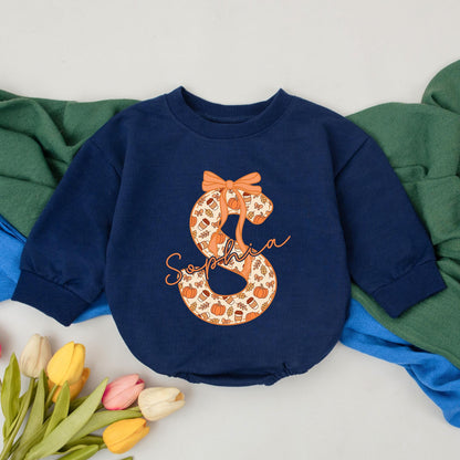 Personalized Fall Initial S Baby Girl Romper Sophia Name Thanksgiving Outfit adorned with Bow Pumpkins Leaves Coffee Cups Toddler Birthday Bodysuit