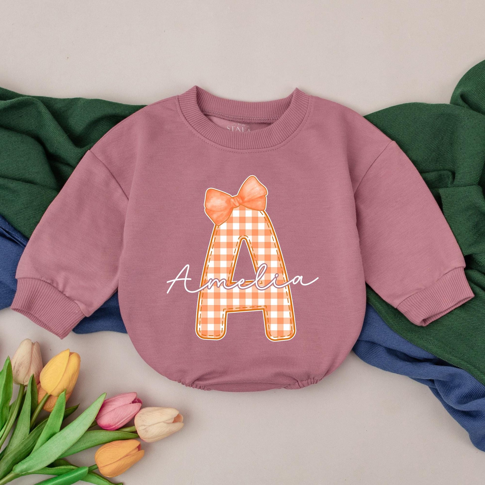 Personalized Name Initial Baby Girl Plaid A Amelia Thanksgiving Bubble Romper Cute Orange Fall Birthday Toddler Bodysuit Outfit Shower Gift