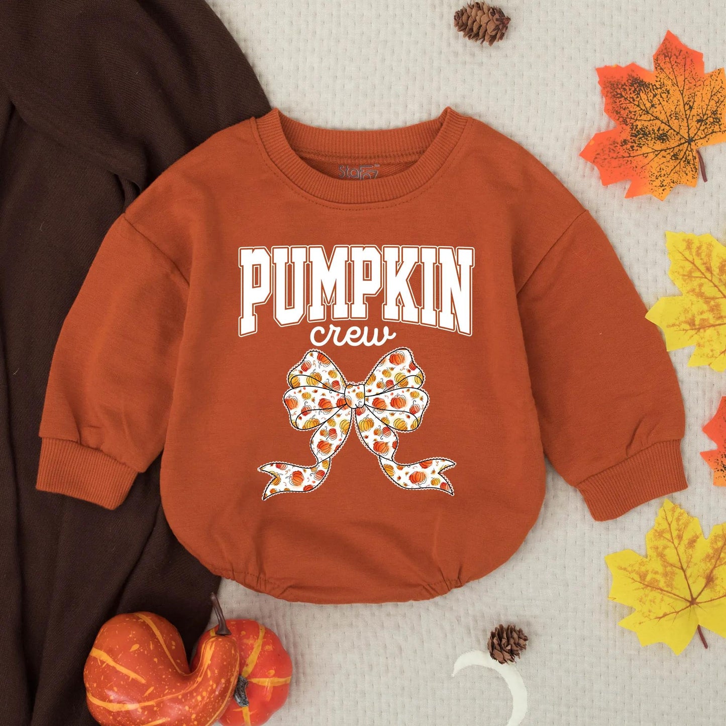 Pumpkin Crew Baby Romper with Collegiate Bow, Infant Thanksgiving Outfit, Fall Toddler Autumn Bubble Romper, Festive Orange Pumpkin Design