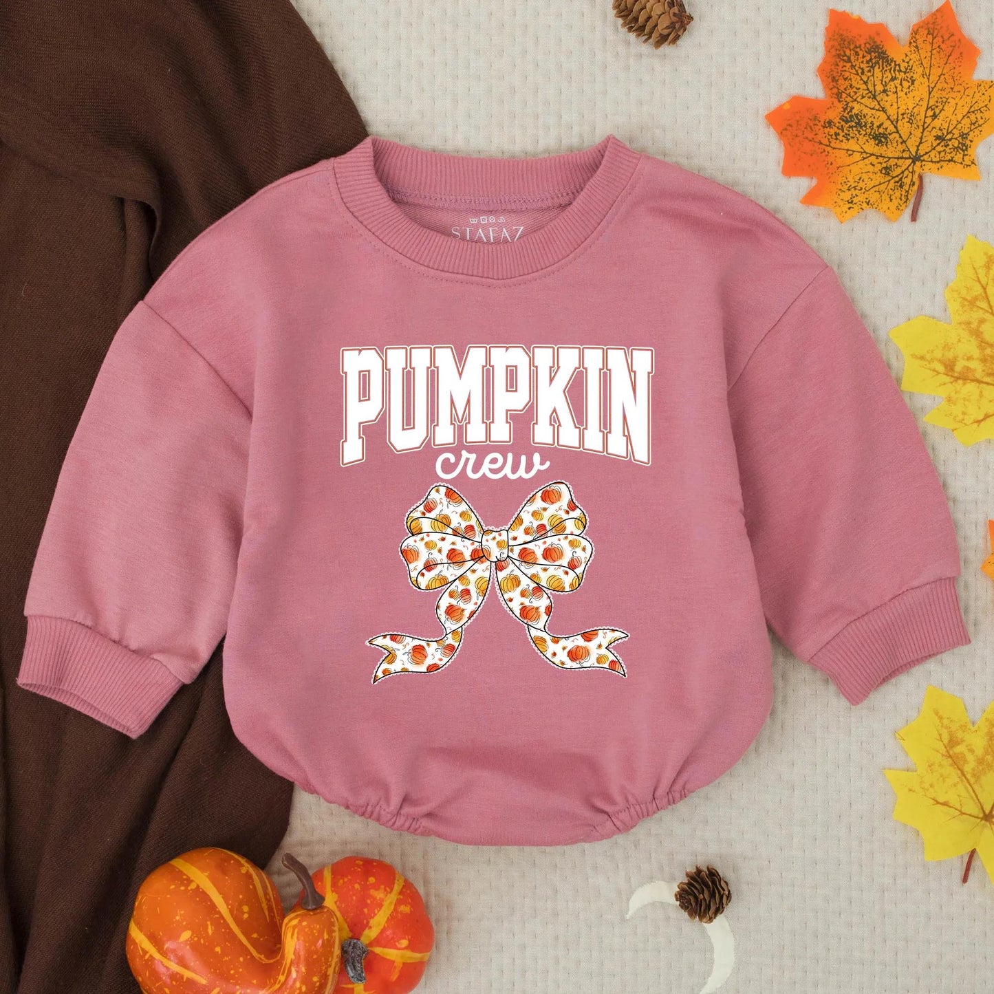 Pumpkin Crew Baby Romper with Collegiate Bow, Infant Thanksgiving Outfit, Fall Toddler Autumn Bubble Romper, Festive Orange Pumpkin Design