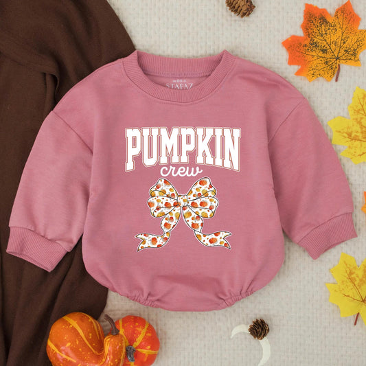 Pumpkin Crew Baby Romper with Collegiate Bow, Infant Thanksgiving Outfit, Fall Toddler Autumn Bubble Romper, Festive Orange Pumpkin Design