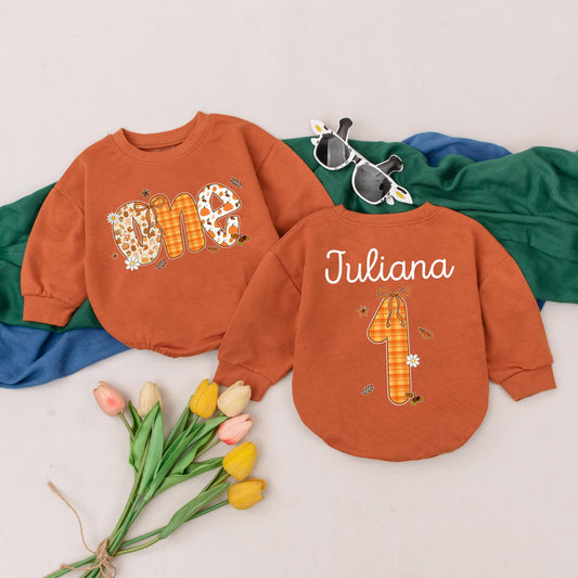 Personalized Little Pumpkin 1st Birthday Romper Vintage Fall Baby Girl Outfit with Acorns Leaves and Daisies Custom Name Gift Idea