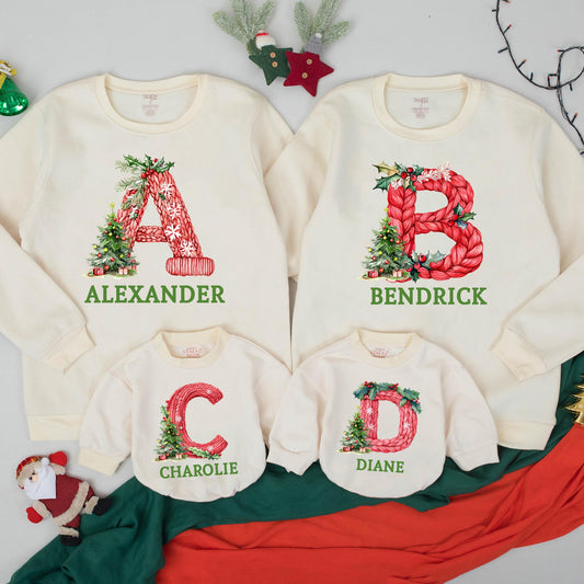 Custom Christmas Family Sweatshirt, Funny Xmas PJs, Personalized Name Letter Sweater, Festive Holiday Matching Outfits, Cozy & Comfortable 135 chars