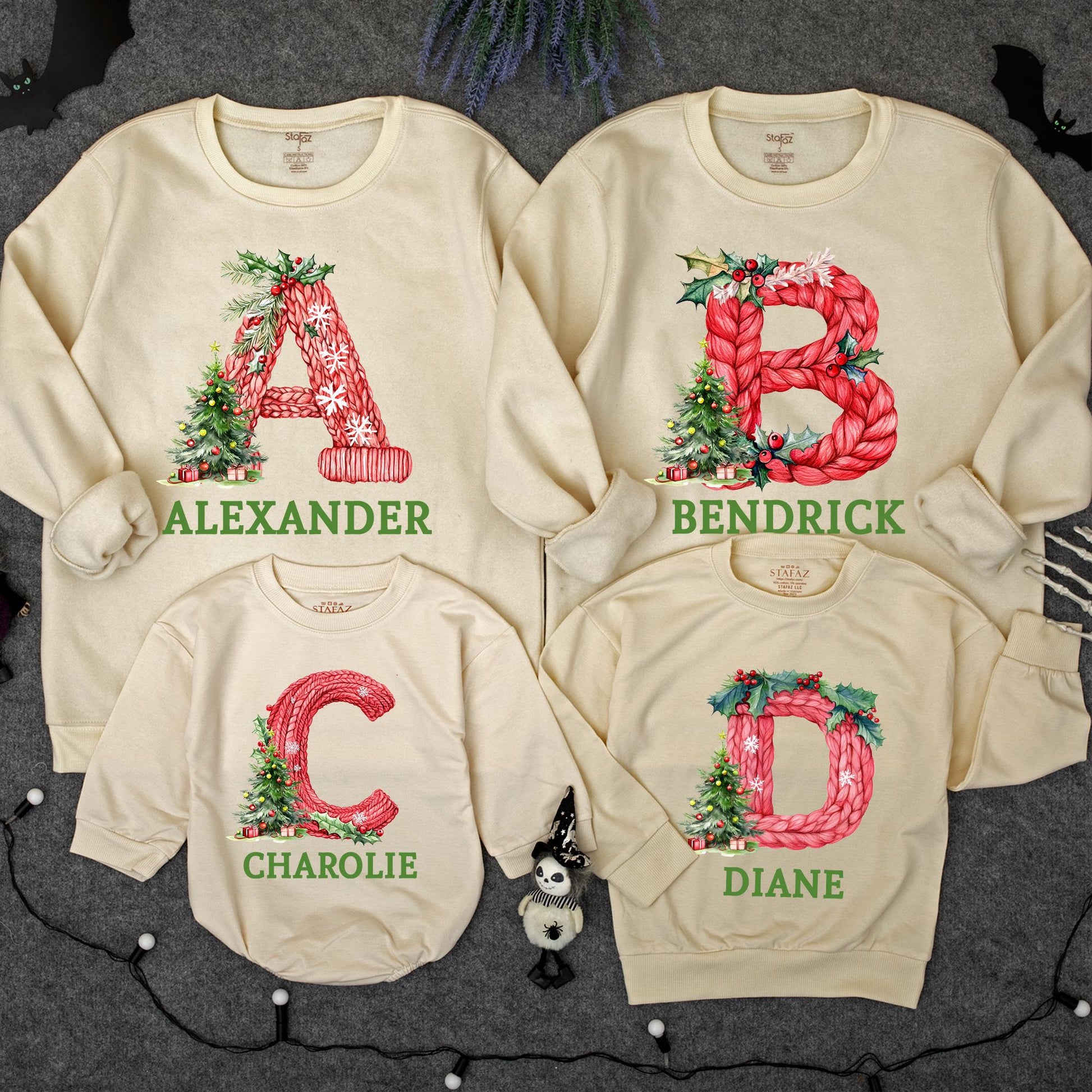 Custom Christmas Family Sweatshirt, Funny Xmas PJs, Personalized Name Letter Sweater, Festive Holiday Matching Outfits, Cozy & Comfortable 135 chars