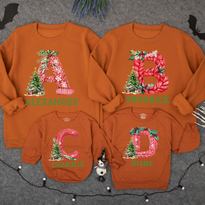 Custom Christmas Family Sweatshirt, Funny Xmas PJs, Personalized Name Letter Sweater, Festive Holiday Matching Outfits, Cozy & Comfortable 135 chars
