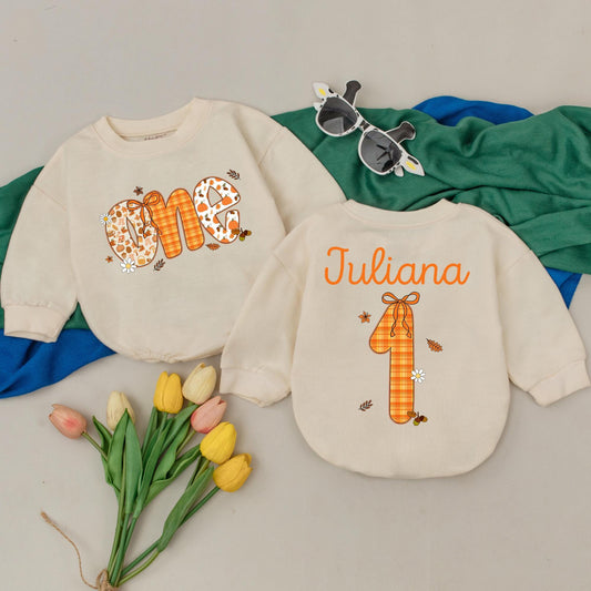 Personalized Little Pumpkin 1st Birthday Romper Vintage Fall Baby Girl Outfit with Acorns Leaves and Daisies Custom Name Gift Idea