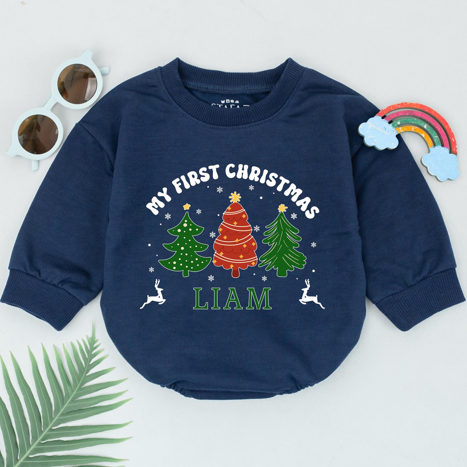 Personalized My First Christmas Baby Romper Name Festive Green Red Trees Reindeer Design Winter 1st Xmas Bodysuit Baby Shower Gift