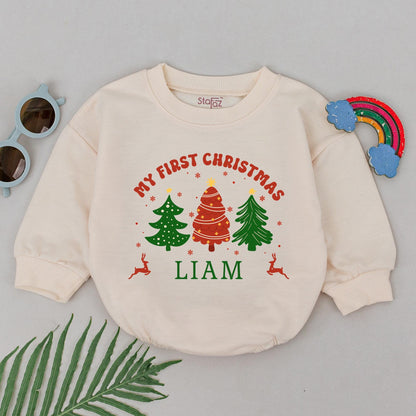 Personalized My First Christmas Baby Romper Name Festive Green Red Trees Reindeer Design Winter 1st Xmas Bodysuit Baby Shower Gift