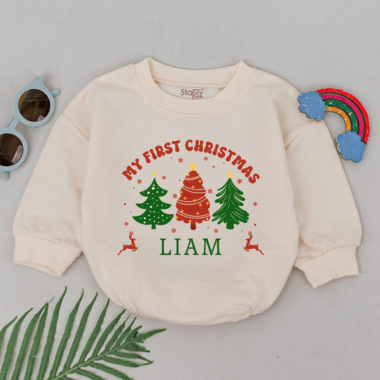 Personalized My First Christmas Baby Romper Name Festive Green Red Trees Reindeer Design Winter 1st Xmas Bodysuit Baby Shower Gift