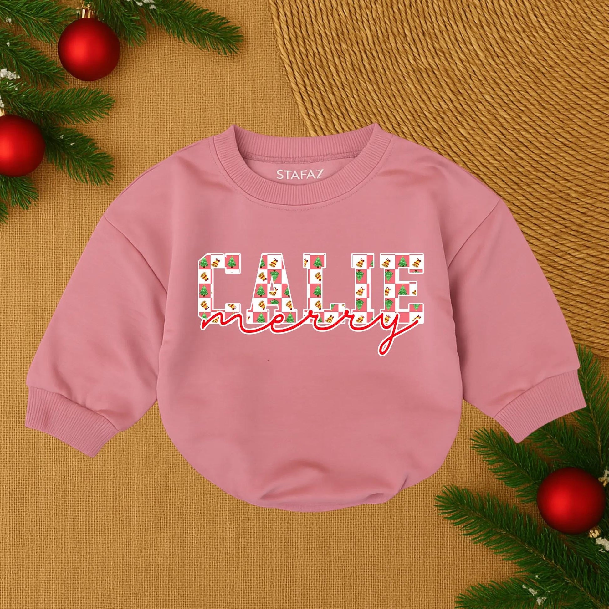 Callie Merry Christmas Baby Romper Personalized Retro Xmas Infant Outfit, First Christmas Girl Gift, Xmas Name Outfit, Holiday Baby