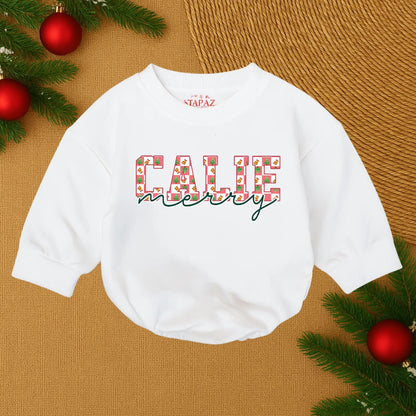 Callie Merry Christmas Baby Romper Personalized Retro Xmas Infant Outfit, First Christmas Girl Gift, Xmas Name Outfit, Holiday Baby