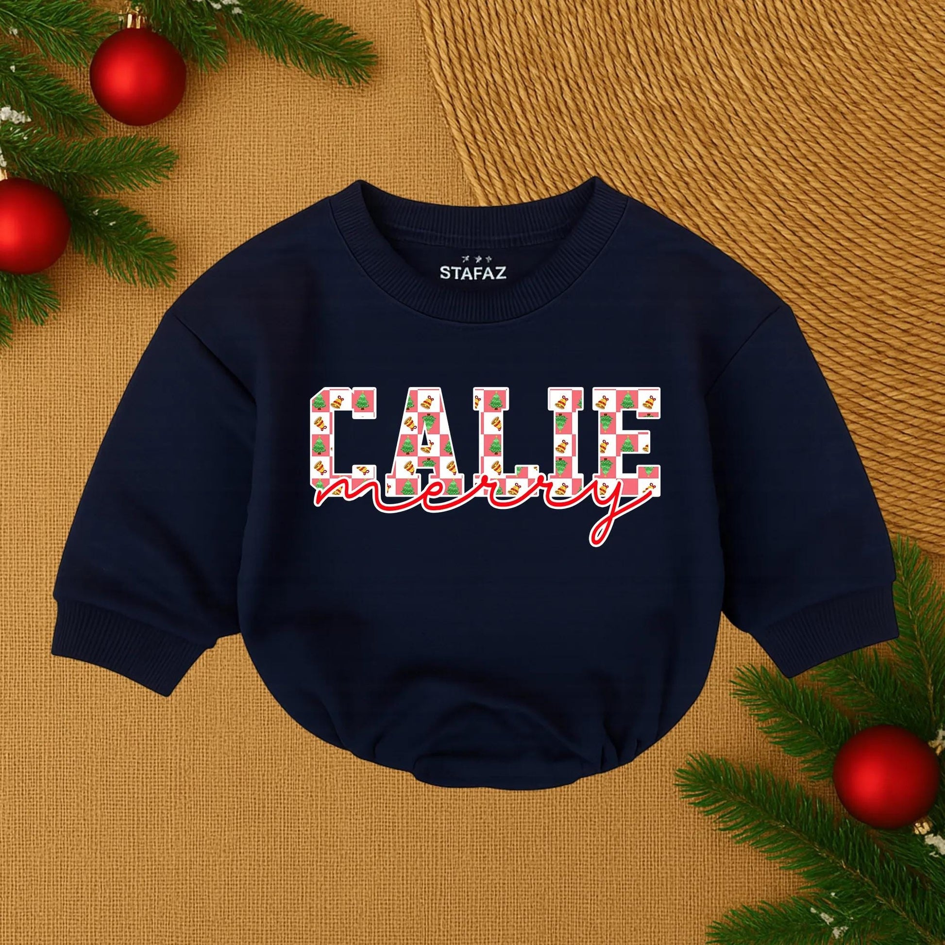 Callie Merry Christmas Baby Romper Personalized Retro Xmas Infant Outfit, First Christmas Girl Gift, Xmas Name Outfit, Holiday Baby