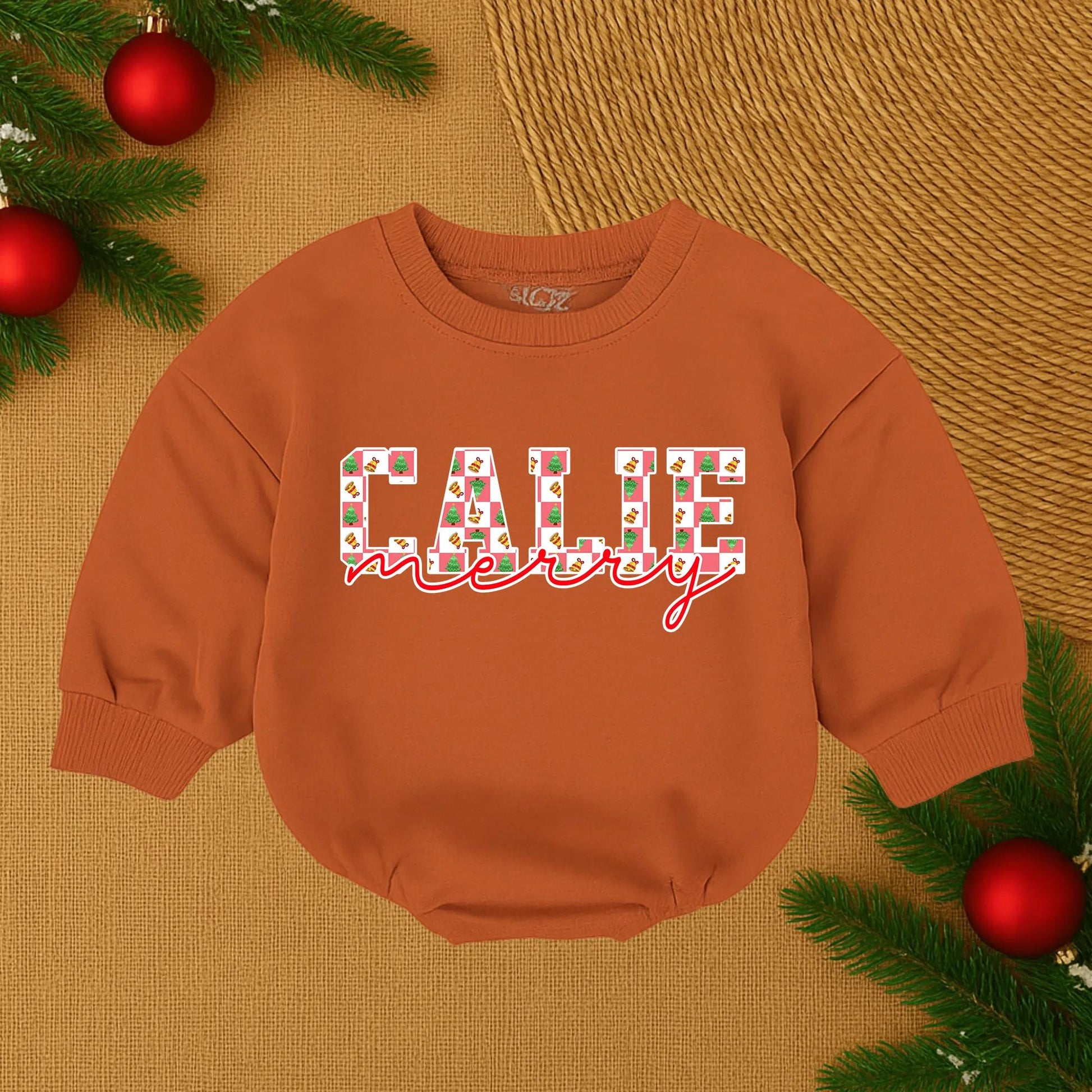 Callie Merry Christmas Baby Romper Personalized Retro Xmas Infant Outfit, First Christmas Girl Gift, Xmas Name Outfit, Holiday Baby