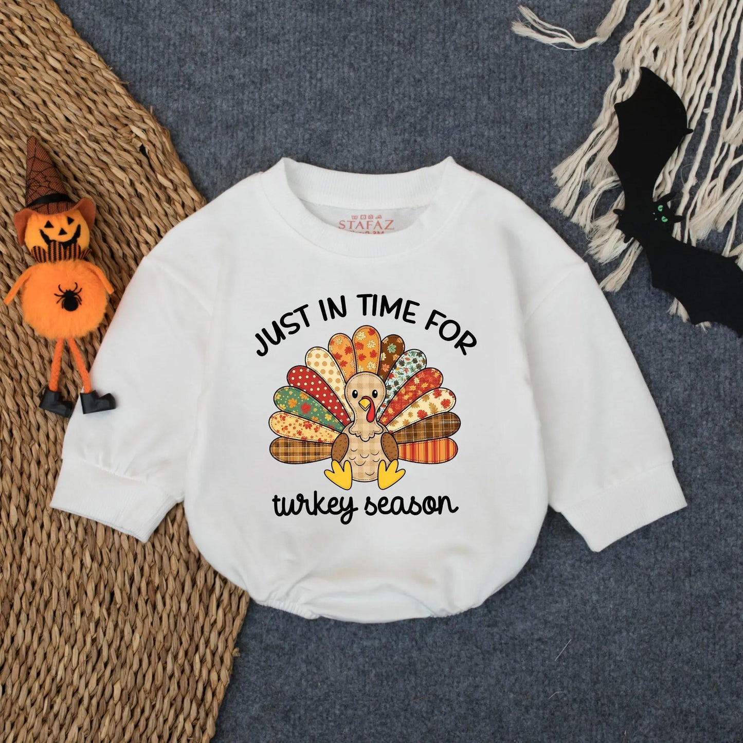 Patchwork Turkey Season Baby Bubble Romper with Floral Polka Dot Plaid Designs Fun Festive Thanksgiving Toddler Infant Outfit for Turkey Day Gift