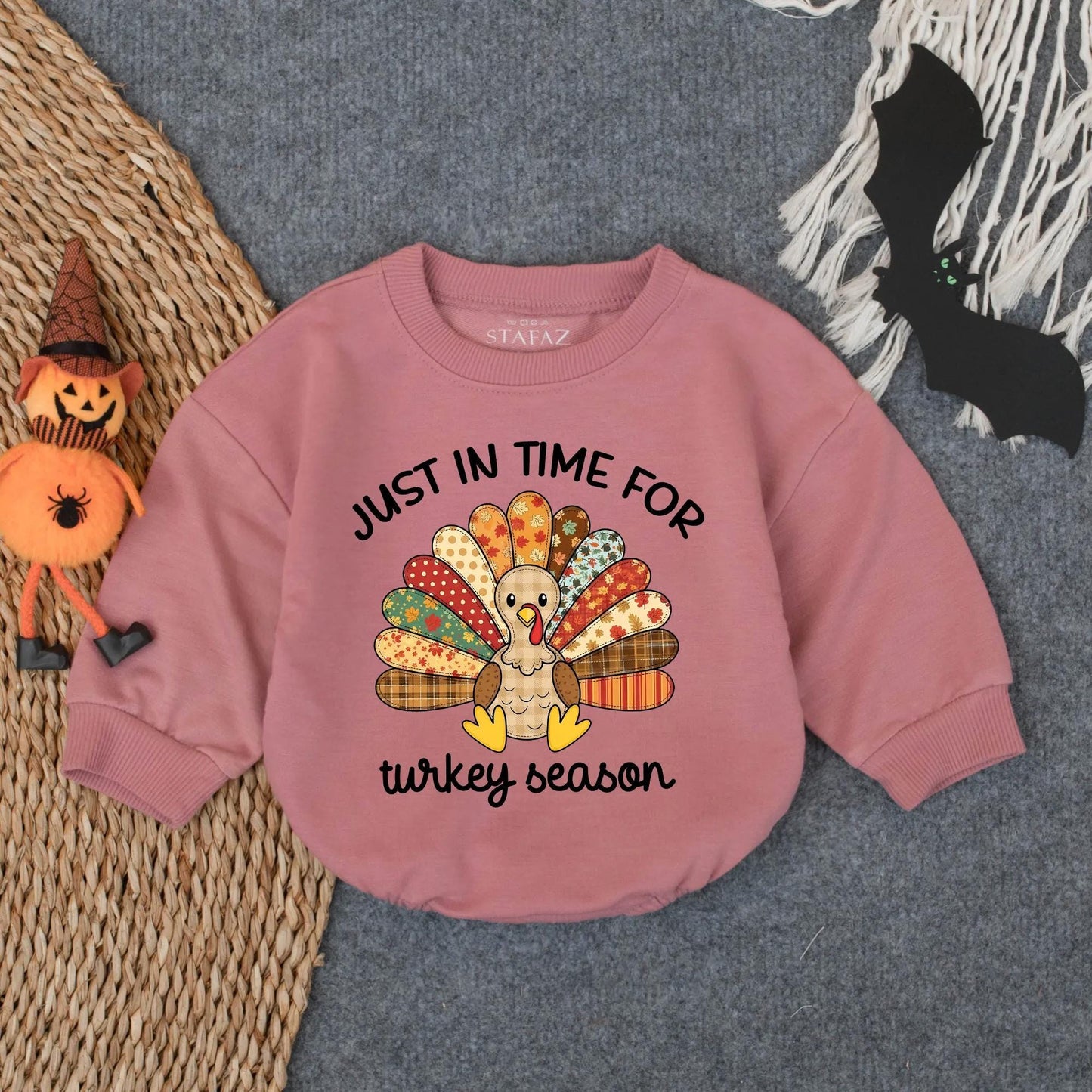 Patchwork Turkey Season Baby Bubble Romper with Floral Polka Dot Plaid Designs Fun Festive Thanksgiving Toddler Infant Outfit for Turkey Day Gift