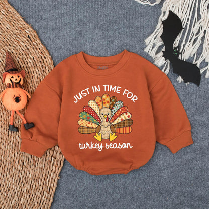 Patchwork Turkey Season Baby Bubble Romper with Floral Polka Dot Plaid Designs Fun Festive Thanksgiving Toddler Infant Outfit for Turkey Day Gift