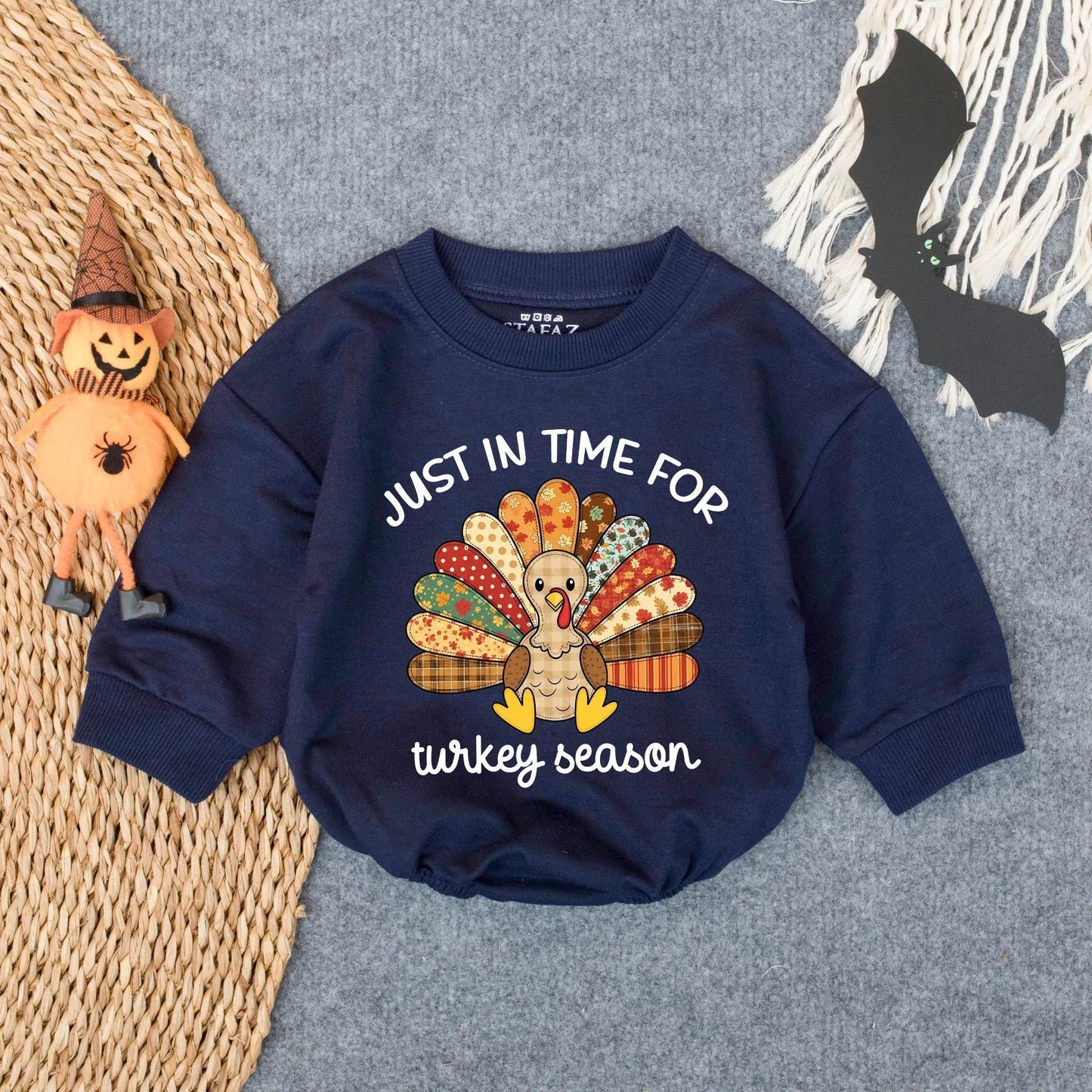 Patchwork Turkey Season Baby Bubble Romper with Floral Polka Dot Plaid Designs Fun Festive Thanksgiving Toddler Infant Outfit for Turkey Day Gift