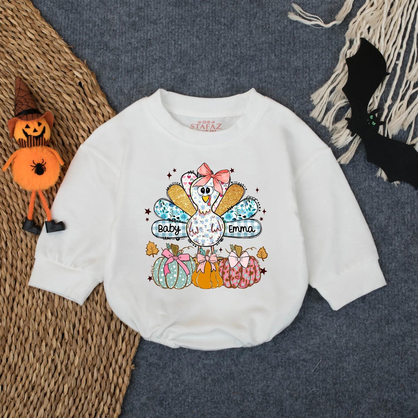 Personalized Baby Emma's 1st Thanksgiving Romper, Cute Turkey & Pumpkin Fall Outfit, Custom Infant Girl Clothes, Autumn Star & Leaf Gift (139 chars)