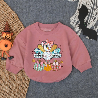 Personalized Baby Emma's 1st Thanksgiving Romper, Cute Turkey & Pumpkin Fall Outfit, Custom Infant Girl Clothes, Autumn Star & Leaf Gift (139 chars)