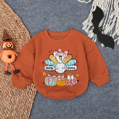 Personalized Baby Emma's 1st Thanksgiving Romper, Cute Turkey & Pumpkin Fall Outfit, Custom Infant Girl Clothes, Autumn Star & Leaf Gift (139 chars)