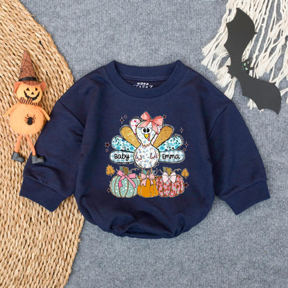 Personalized Baby Emma's 1st Thanksgiving Romper, Cute Turkey & Pumpkin Fall Outfit, Custom Infant Girl Clothes, Autumn Star & Leaf Gift (139 chars)