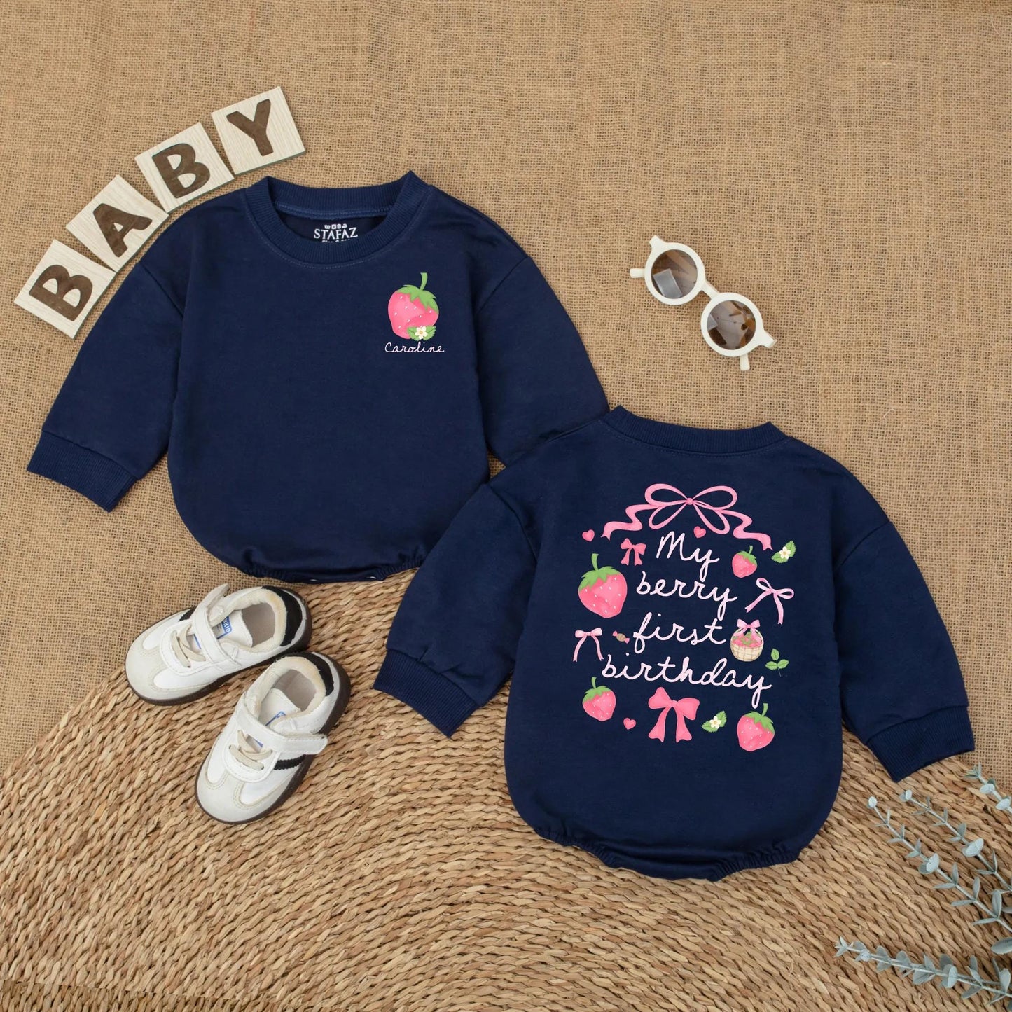 Personalized Berry First Birthday Bubble Romper Baby Girl Strawberry Design with Name Pink Green Flowers Whimsical Smash Cake Outfit Gift