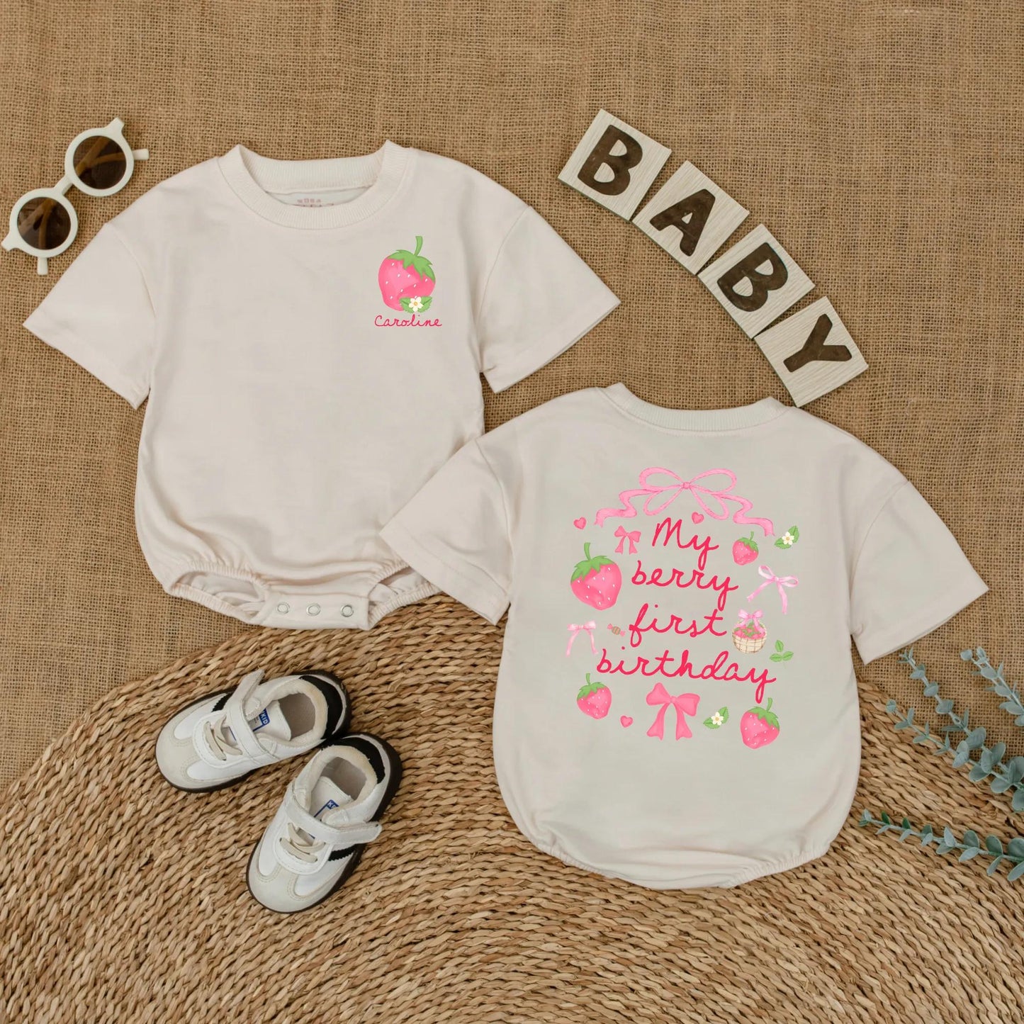 Personalized Berry First Birthday Bubble Romper Baby Girl Strawberry Design with Name Pink Green Flowers Whimsical Smash Cake Outfit Gift