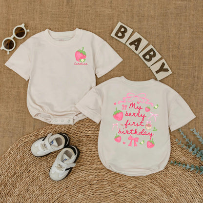 Personalized Berry First Birthday Bubble Romper Baby Girl Strawberry Design with Name Pink Green Flowers Whimsical Smash Cake Outfit Gift
