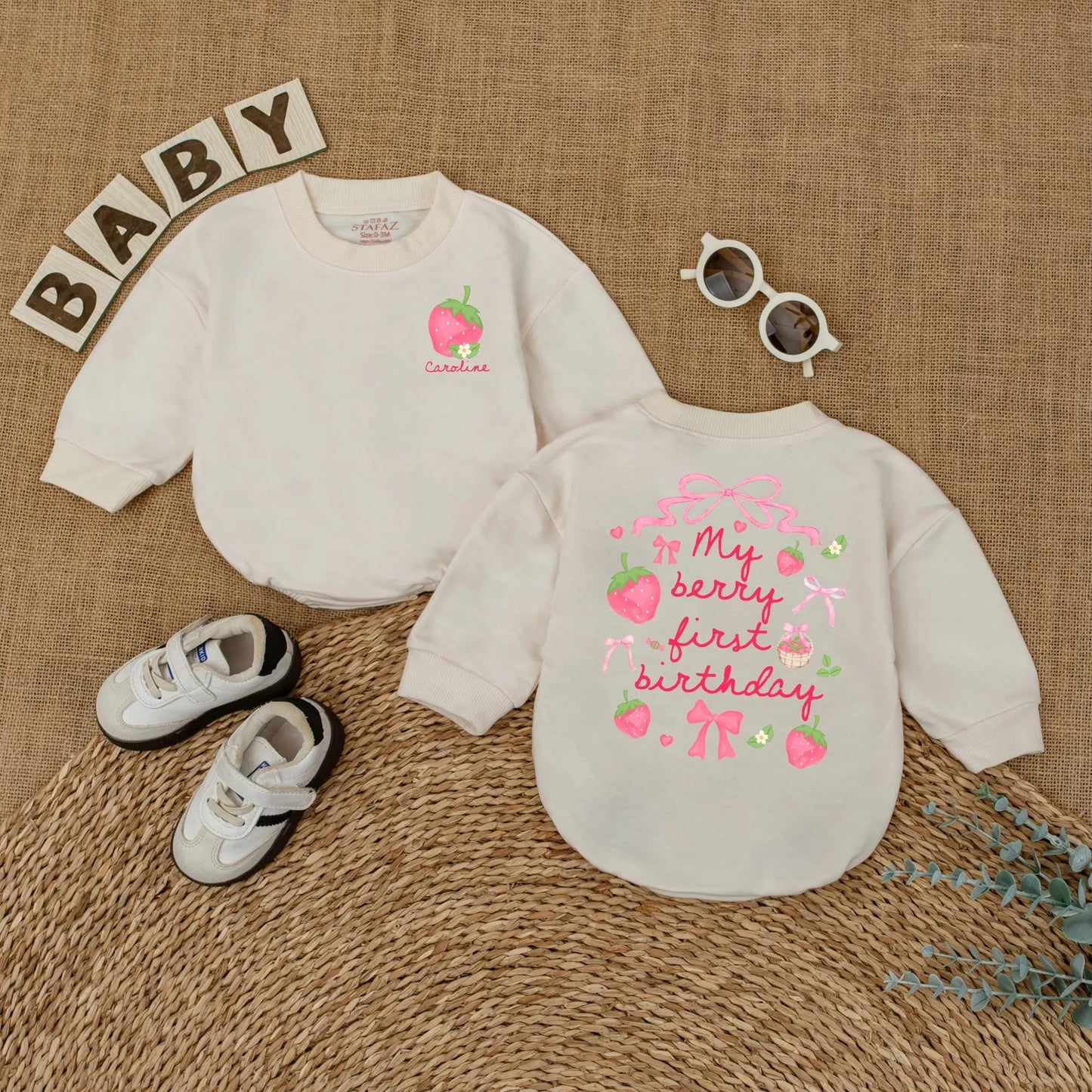 Personalized Berry First Birthday Bubble Romper Baby Girl Strawberry Design with Name Pink Green Flowers Whimsical Smash Cake Outfit Gift