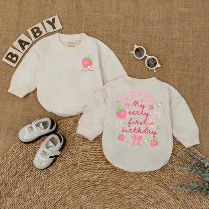 Personalized Berry First Birthday Bubble Romper Baby Girl Strawberry Design with Name Pink Green Flowers Whimsical Smash Cake Outfit Gift