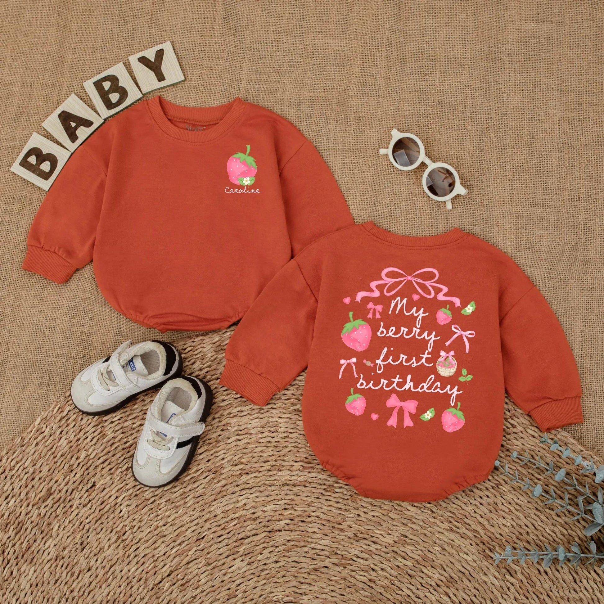 Personalized Berry First Birthday Bubble Romper Baby Girl Strawberry Design with Name Pink Green Flowers Whimsical Smash Cake Outfit Gift