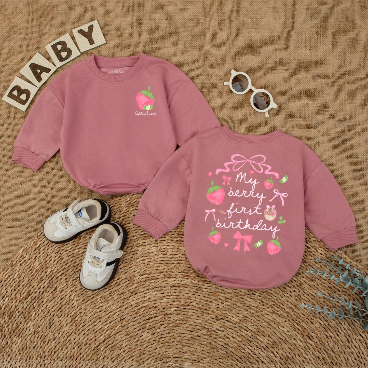 Personalized Berry First Birthday Bubble Romper Baby Girl Strawberry Design with Name Pink Green Flowers Whimsical Smash Cake Outfit Gift