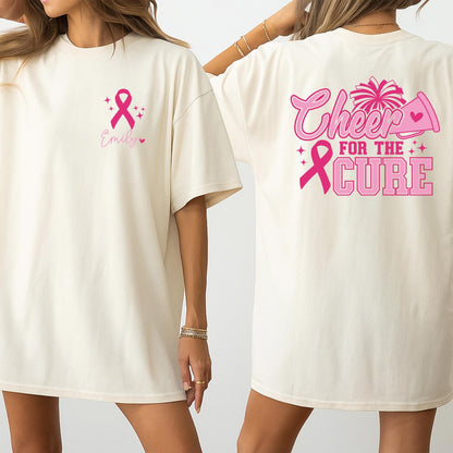Custom Cheer Mom Breast Cancer Awareness Tee, Personalized Name Cheerleader Pink Ribbon Shirt, October Fight Gift, Team Spirit Support Squad Top 139