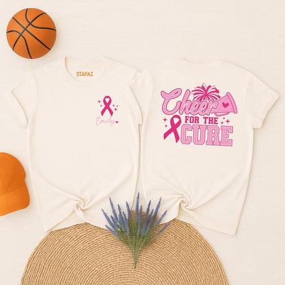 Custom Cheer Mom Breast Cancer Awareness Tee, Personalized Name Cheerleader Pink Ribbon Shirt, October Fight Gift, Team Spirit Support Squad Top 139