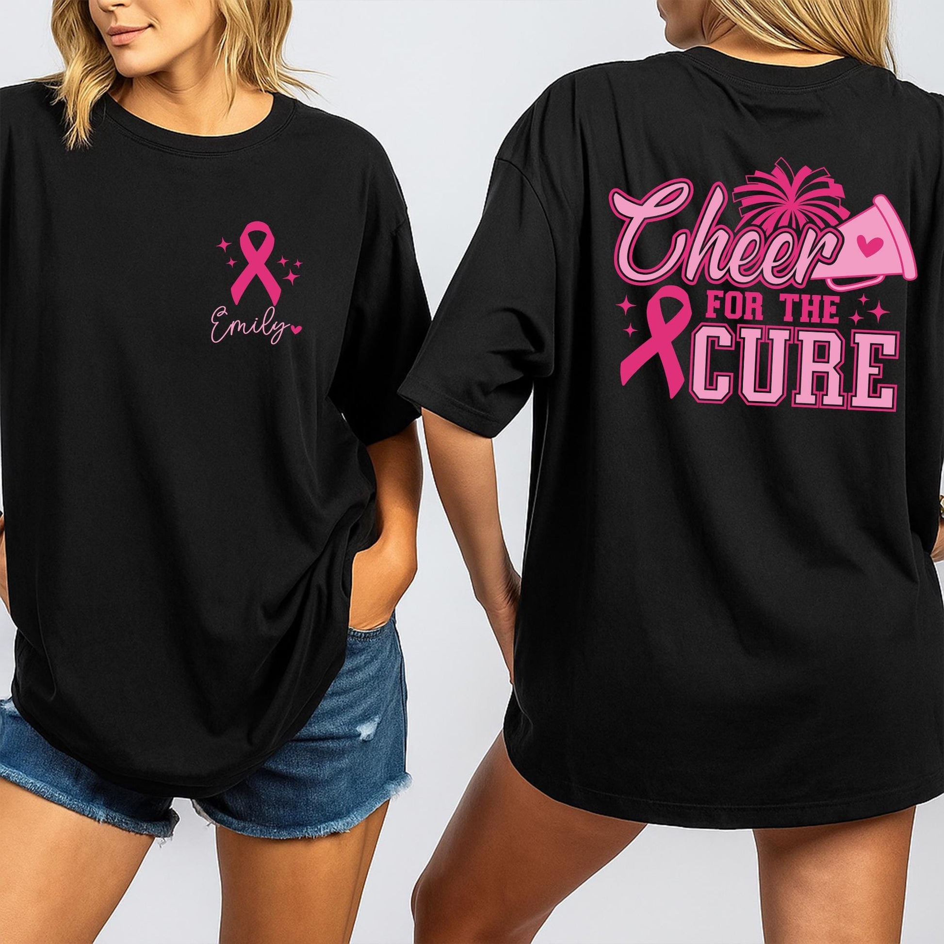 Custom Cheer Mom Breast Cancer Awareness Tee, Personalized Name Cheerleader Pink Ribbon Shirt, October Fight Gift, Team Spirit Support Squad Top 139