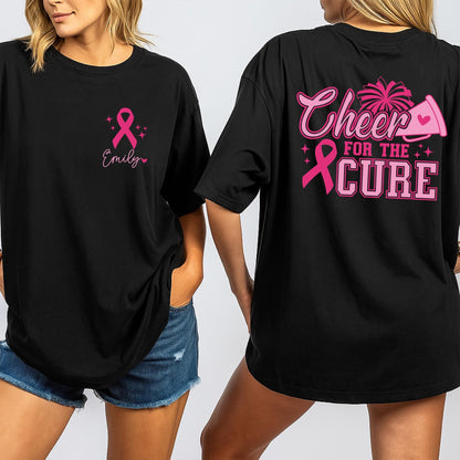 Custom Cheer Mom Breast Cancer Awareness Tee, Personalized Name Cheerleader Pink Ribbon Shirt, October Fight Gift, Team Spirit Support Squad Top 139