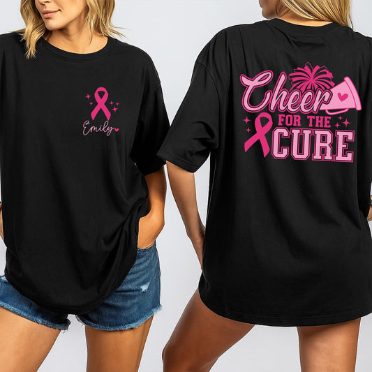 Custom Cheer Mom Breast Cancer Awareness Tee, Personalized Name Cheerleader Pink Ribbon Shirt, October Fight Gift, Team Spirit Support Squad Top 139