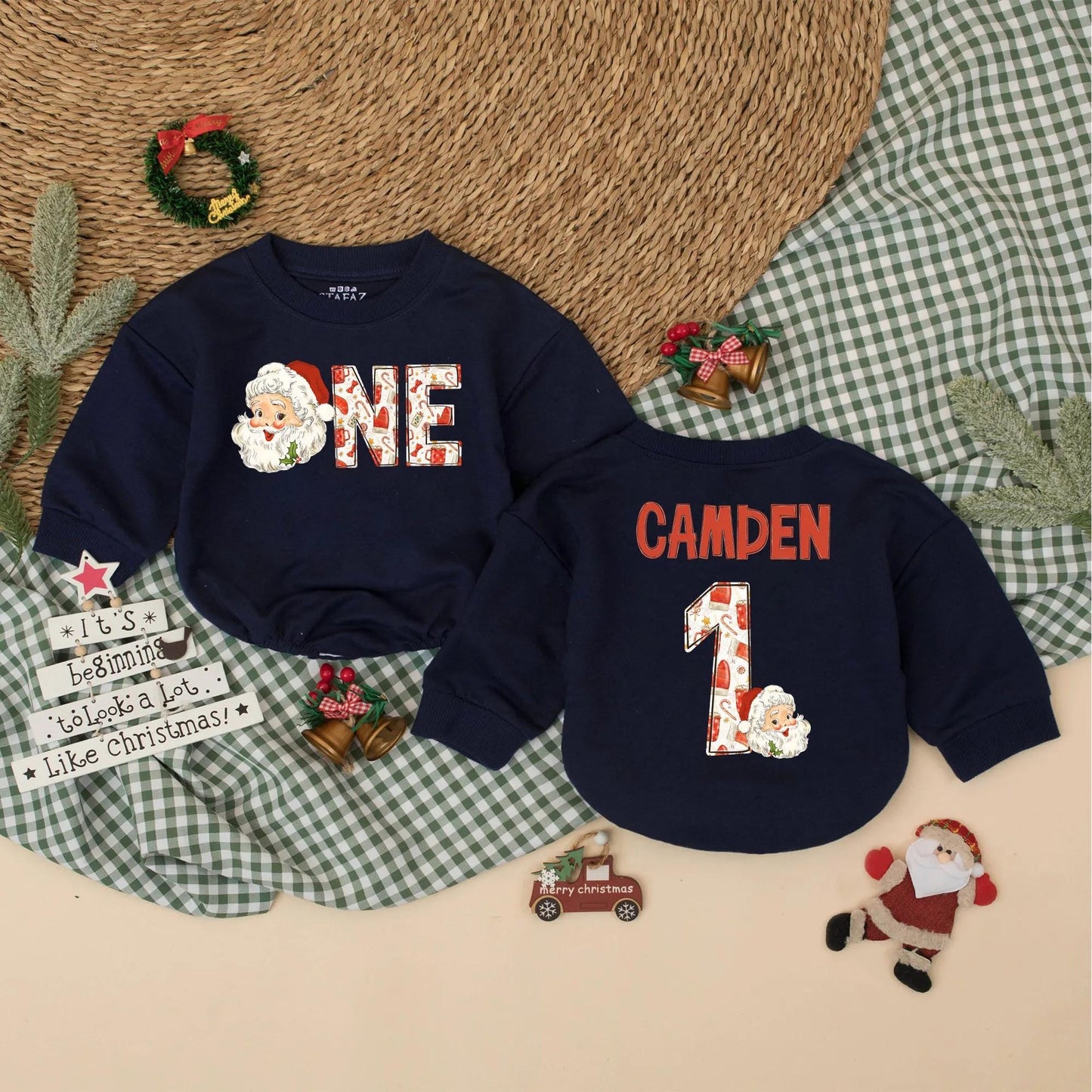 Personalized Christmas "ONE" Romper Santa's First Birthday Outfit Retro Style Baby Bodysuit Winter Cake Smash Romper Xmas Gift, Name Optional 138