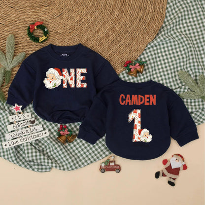 Personalized Christmas "ONE" Romper Santa's First Birthday Outfit Retro Style Baby Bodysuit Winter Cake Smash Romper Xmas Gift, Name Optional 138