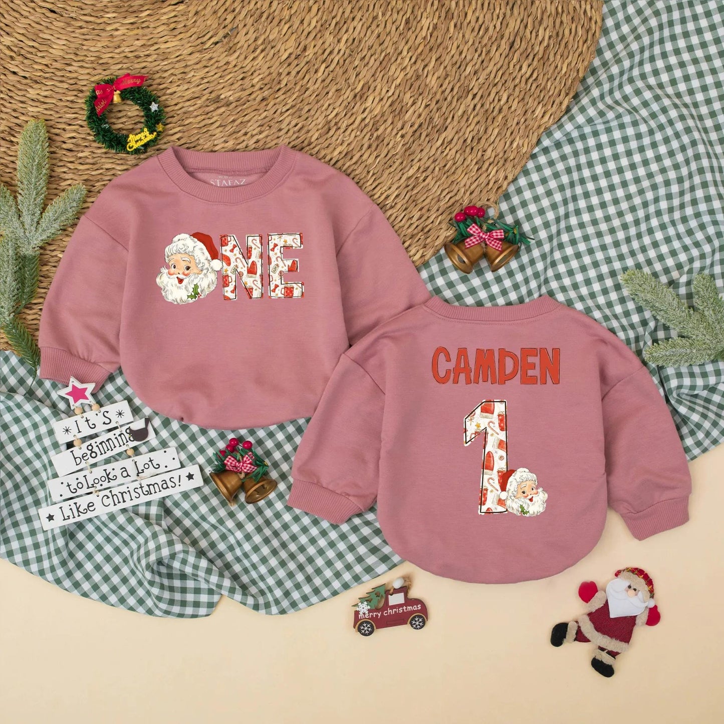 Personalized Christmas "ONE" Romper Santa's First Birthday Outfit Retro Style Baby Bodysuit Winter Cake Smash Romper Xmas Gift, Name Optional 138