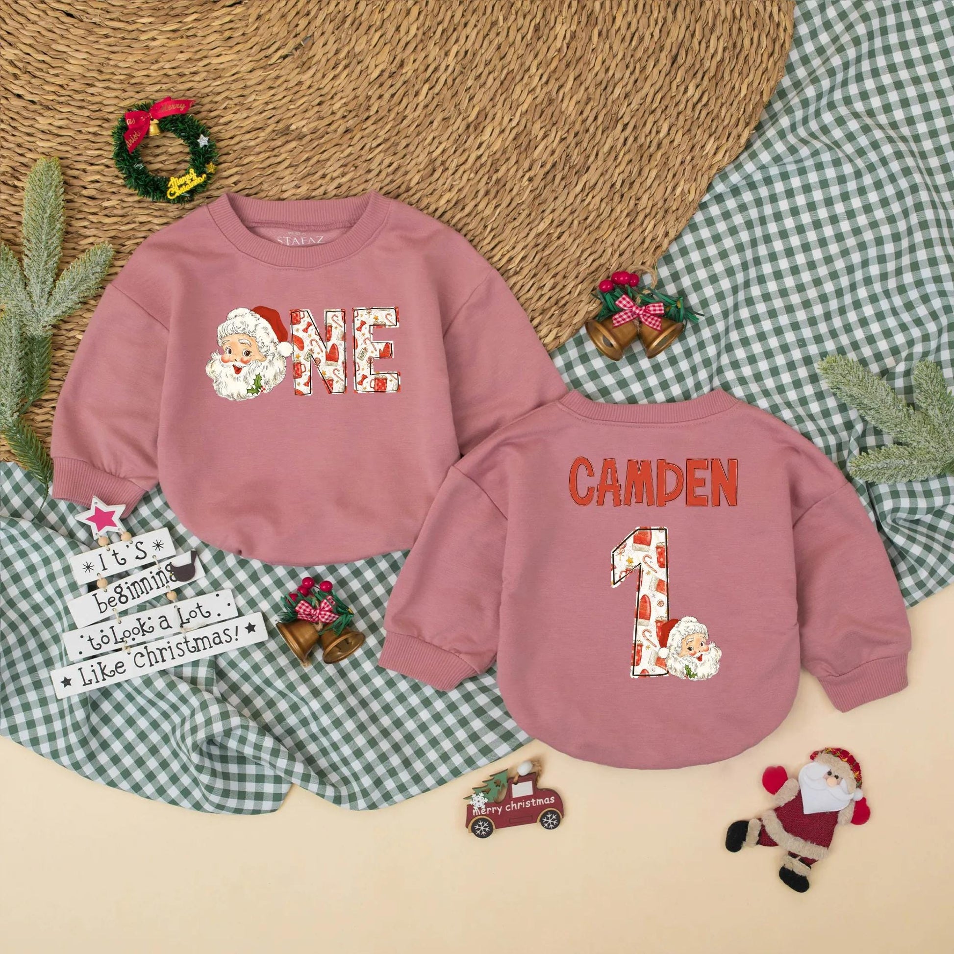 Personalized Christmas "ONE" Romper Santa's First Birthday Outfit Retro Style Baby Bodysuit Winter Cake Smash Romper Xmas Gift, Name Optional 138