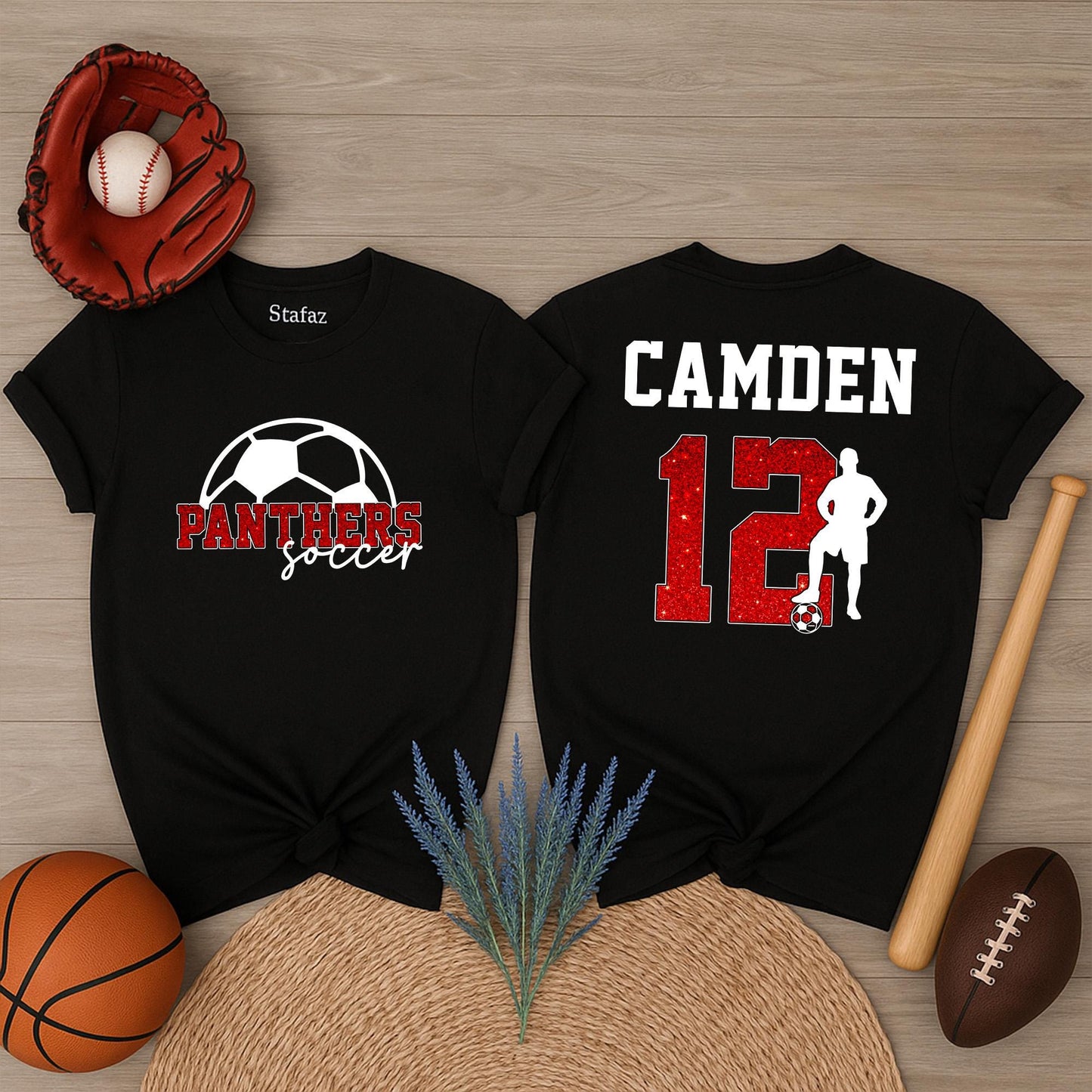Custom Soccer Mom T-Shirt with player name and team name details, a comfortable game day fan shirt and thoughtful gift