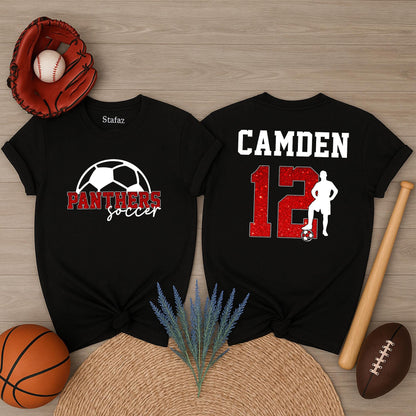 Custom Soccer Mom T-Shirt with player name and team name details, a comfortable game day fan shirt and thoughtful gift