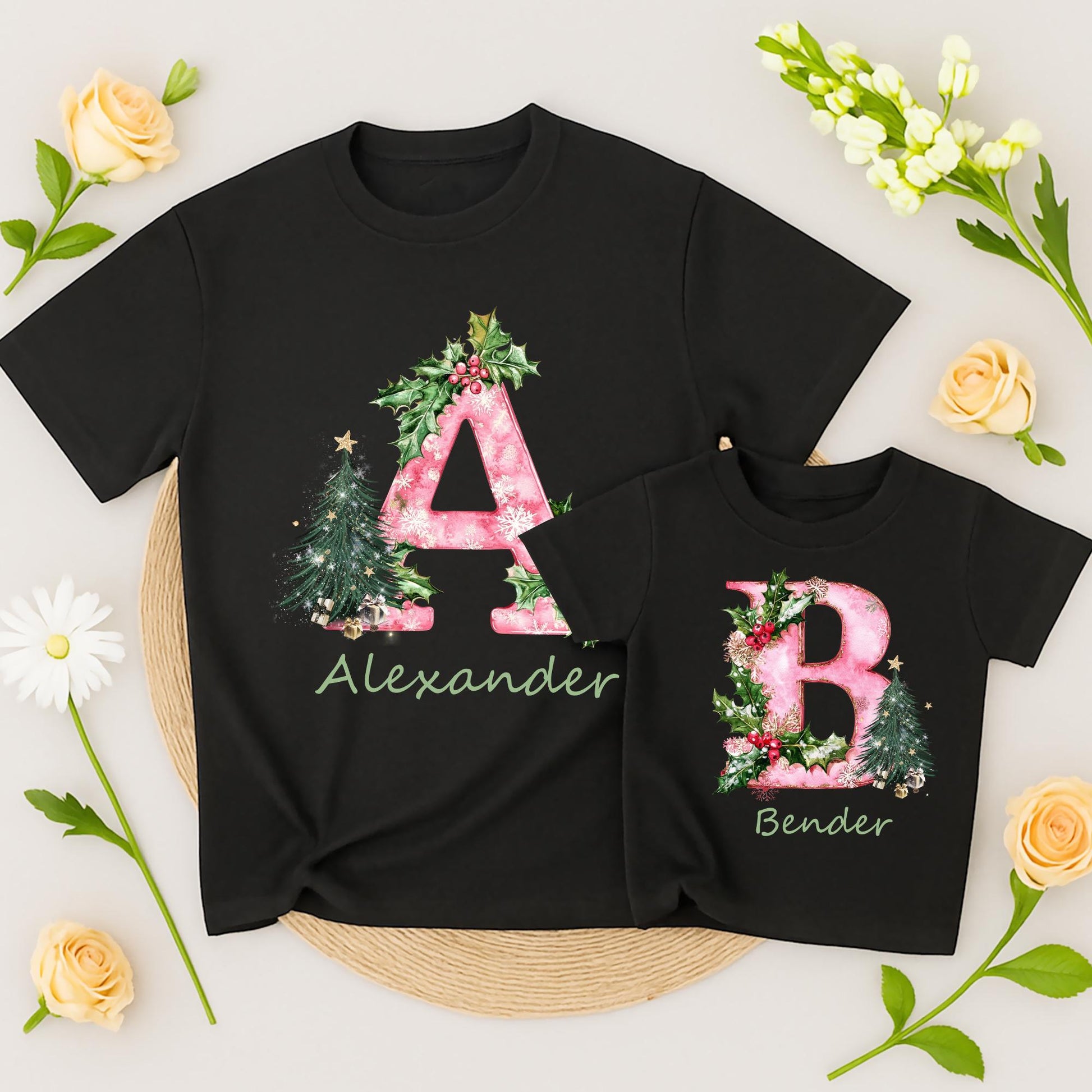 Custom Christmas Family PJs & Tees Funny Xmas Name Letter Shirts Personalized Holiday Pajamas Matching Family Reunion Gift