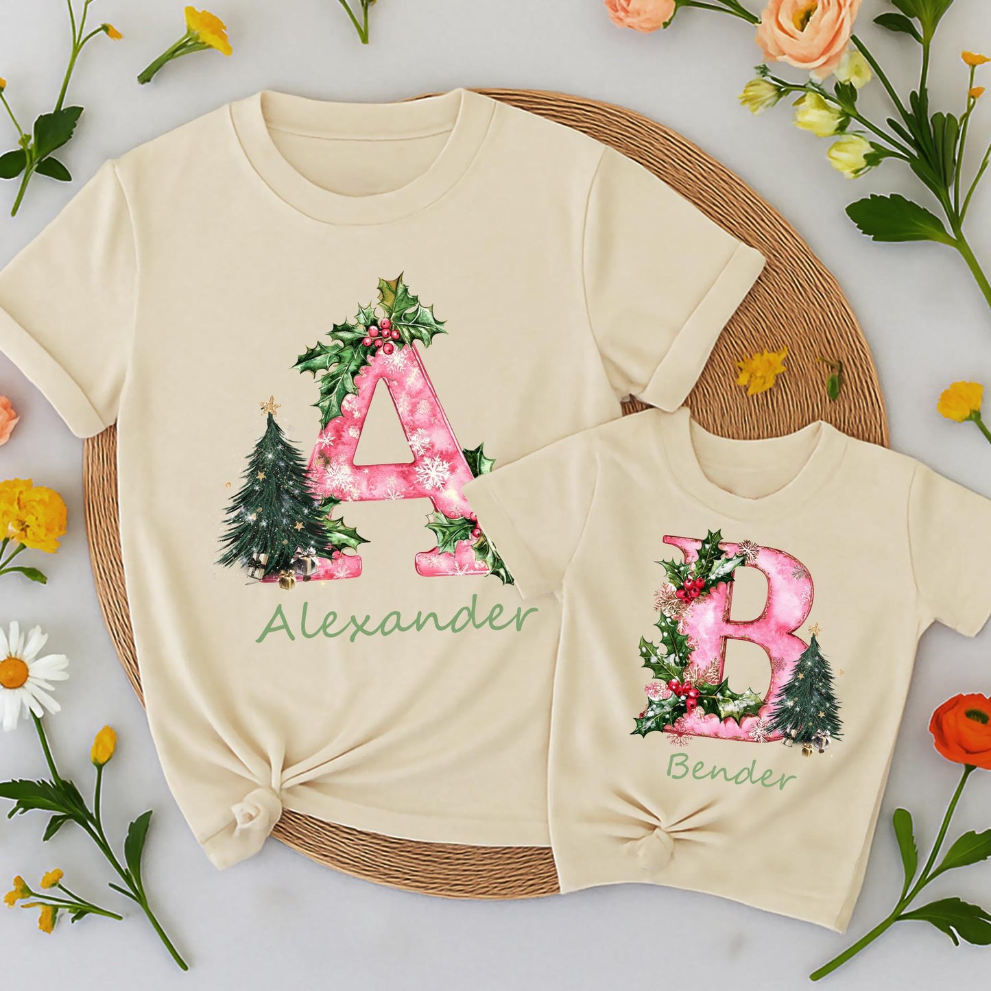 Custom Christmas Family PJs & Tees Funny Xmas Name Letter Shirts Personalized Holiday Pajamas Matching Family Reunion Gift