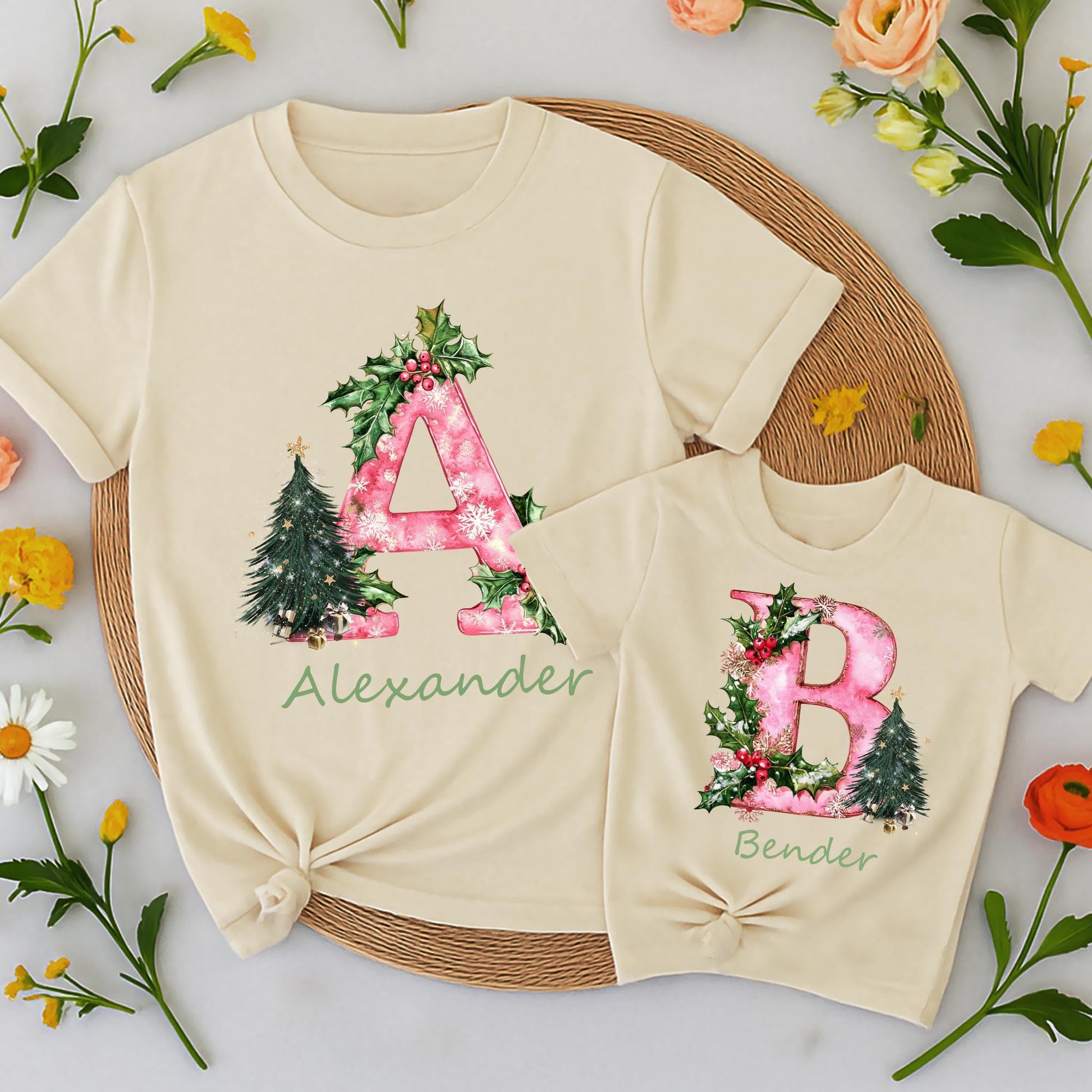 Custom Christmas Family PJs & Tees Funny Xmas Name Letter Shirts Personalized Holiday Pajamas Matching Family Reunion Gift