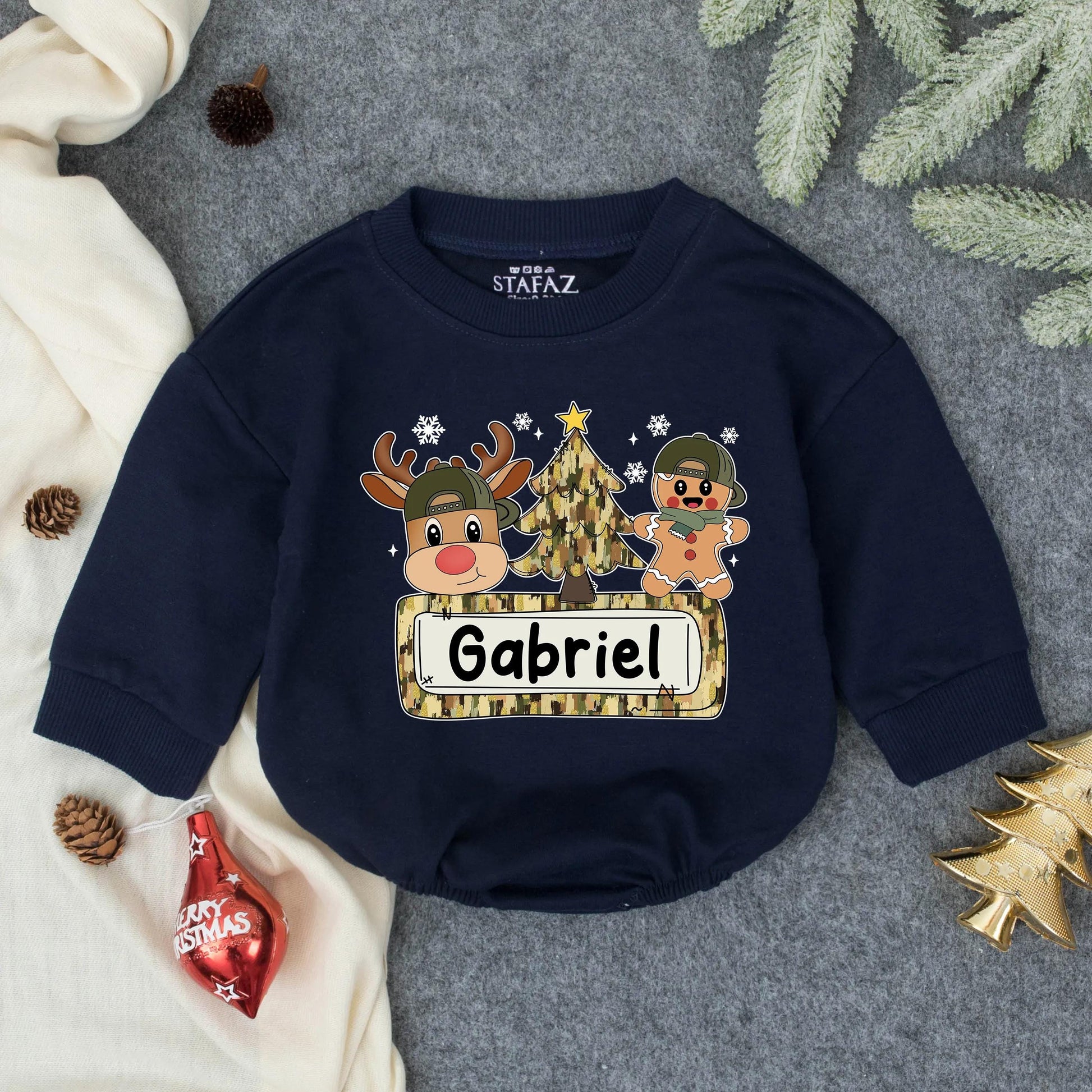 Custom Camo Christmas Boy Romper | Personalized Winter Baby Clothes, Holiday Toddler Outfit, Festive Xmas Bodysuit Gift