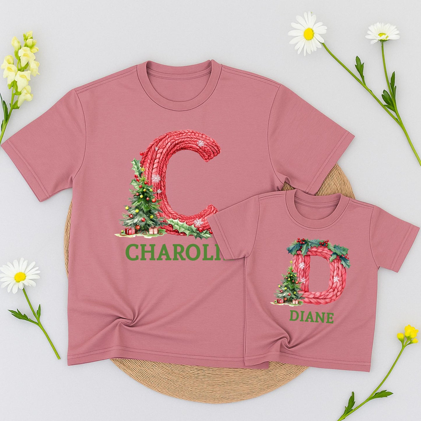 Personalized Family Christmas Shirt Initial & Name Festive Holiday Tee Knitted Red Letter Snowflakes Holly Berries Tree Gift Boxes Green Text