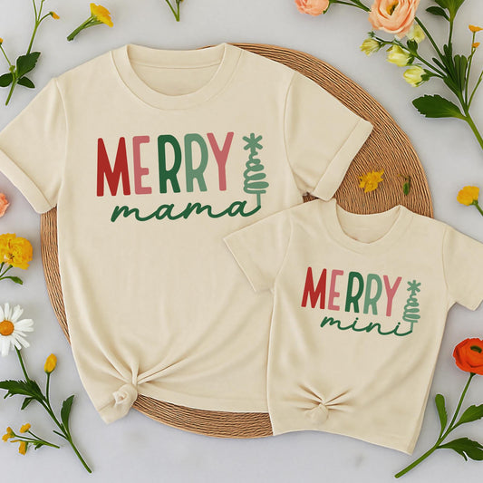 Merry Mama and Mini Matching Christmas T Shirts Festive Red Green Block Letters Cursive Mama Mini with Christmas Tree Graphic Family Holiday Outfits Mom Daughter Kid Baby Girl Gift