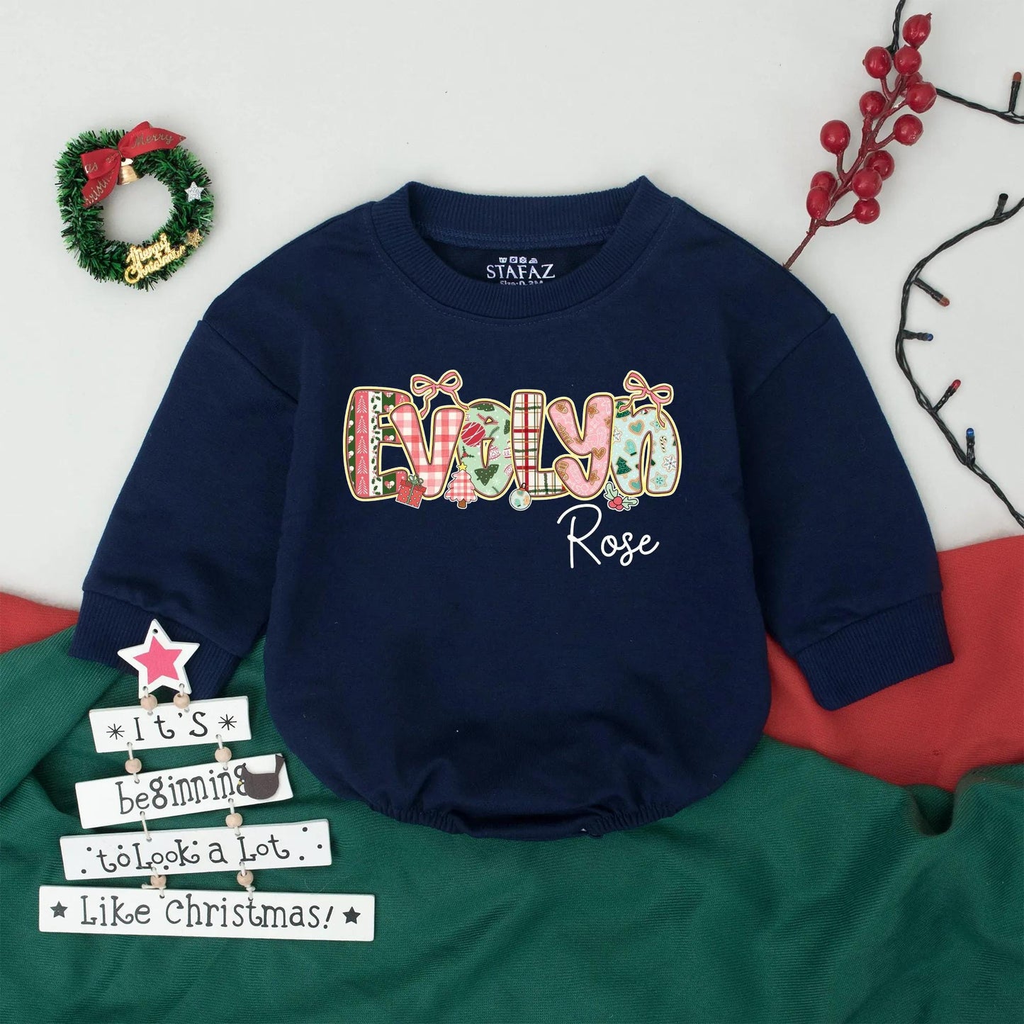 Evelyn Rose Custom Retro Christmas Romper Baby Girl Outfit Personalized Holiday Infant Bodysuit, Vintage Christmas Gift